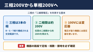 三相200Vから単相200Vへ変換する基本