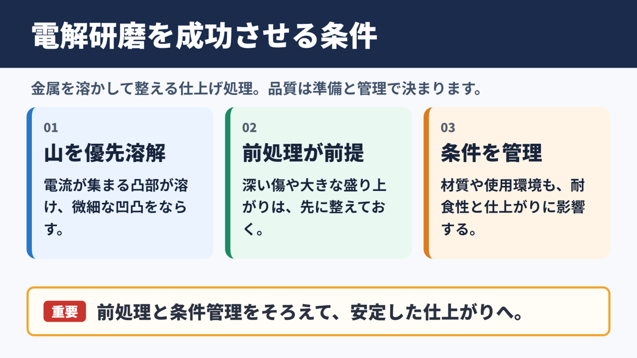 電解研磨は前処理と条件管理をそろえることが成功の結論です