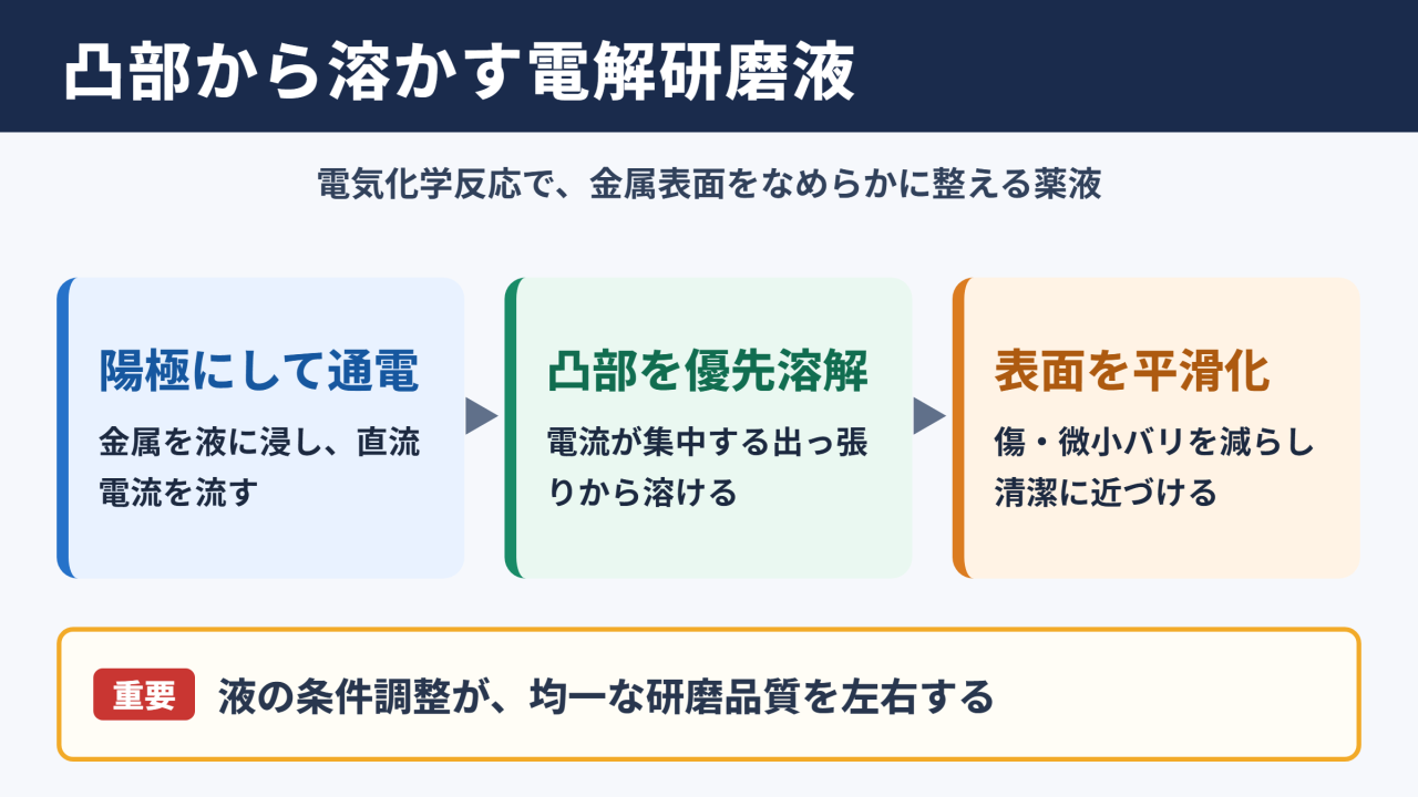 電解研磨液とは金属表面を選択的に溶かして平滑化する薬品です