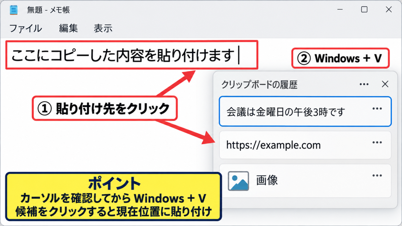 Windows＋Vでクリップボード履歴を表示する方法 - 入力欄を選んでショートカットを押す操作
