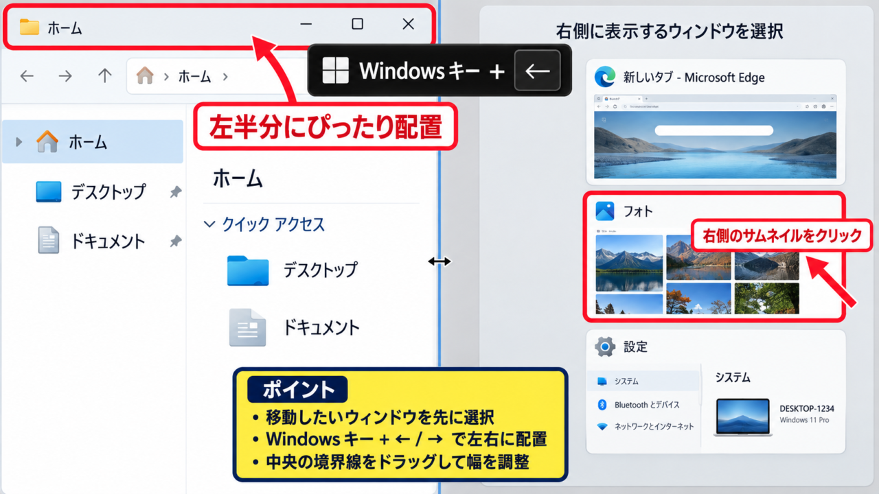 Windows 11で画面を2分割するショートカット操作 - 左右矢印キーによるウィンドウ配置