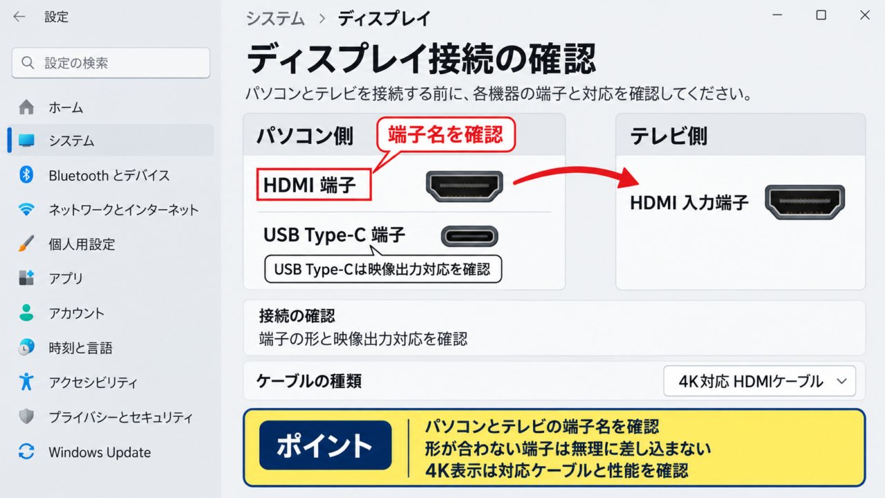 Windows11でテレビへ画面を映す方法1【HDMIケーブル接続】 - HDMIケーブルと端子の確認