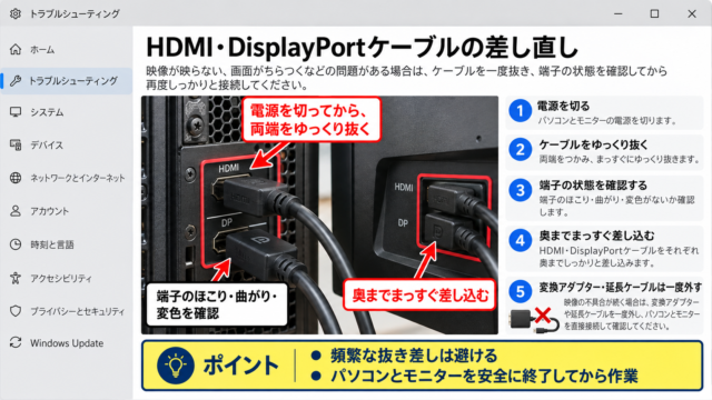 画面に線やノイズが出るときの対処方法1【ケーブルと電源の確認】 - HDMI・DisplayPortケーブルの差し直し