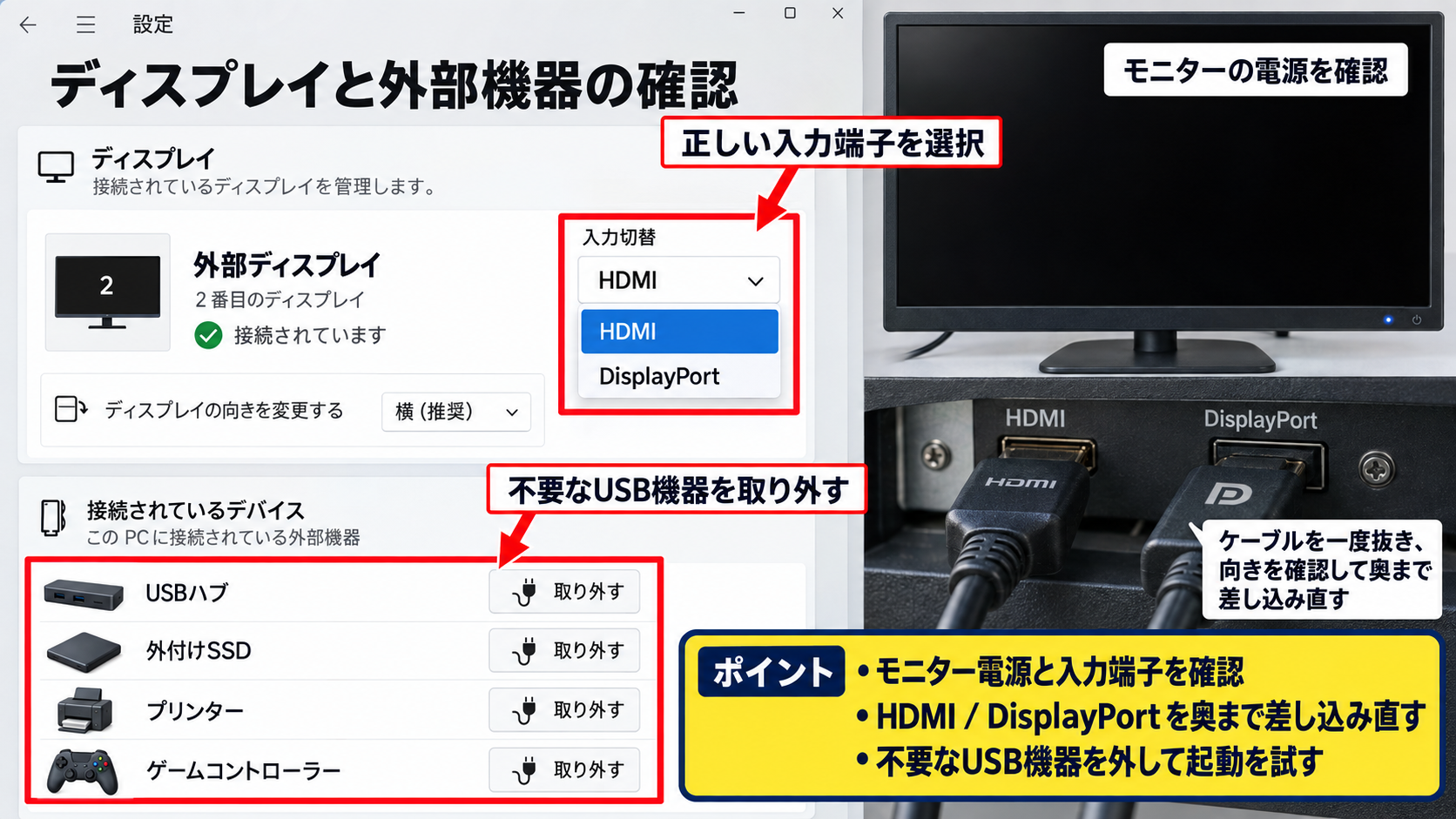 Windows 11で真っ暗な画面を戻す初期操作 - ケーブルと外部機器の切り分け