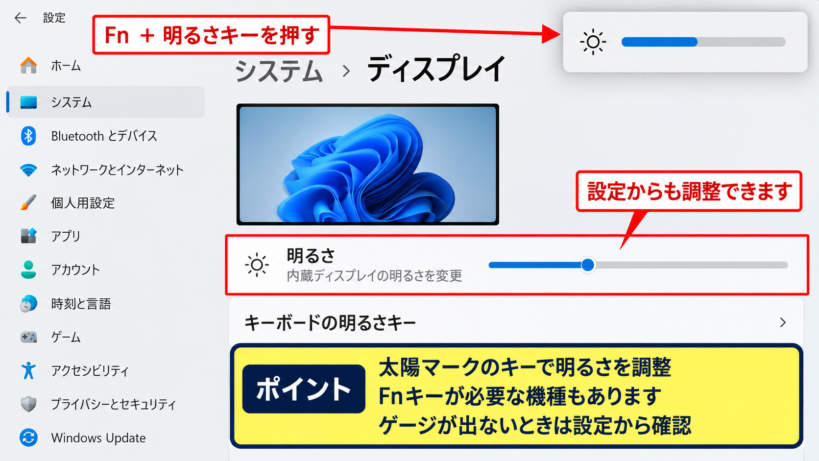Windows11の画面を明るく戻す方法【明るさスライダーとクイック設定】 - キーボードの明るさキー
