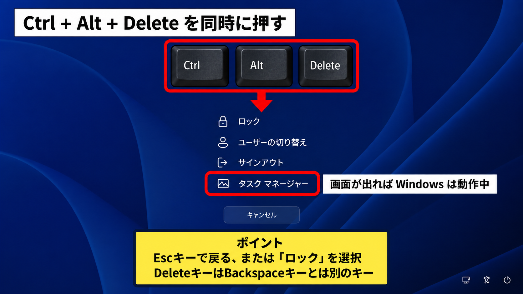 ロック画面からサインイン画面を表示する操作 - Ctrl+Alt+Deleteによるセキュリティ画面の呼び出し