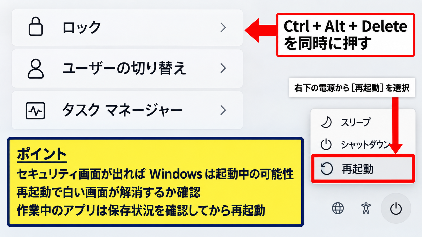 Windows11で白い画面を戻す基本操作 - CtrlとAltとDeleteによる画面確認