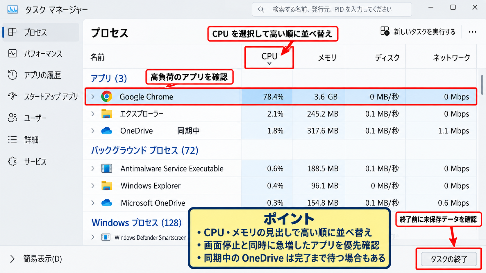 応答なしのアプリを終了する手順 - プロセス一覧から負荷の高いアプリを探す方法