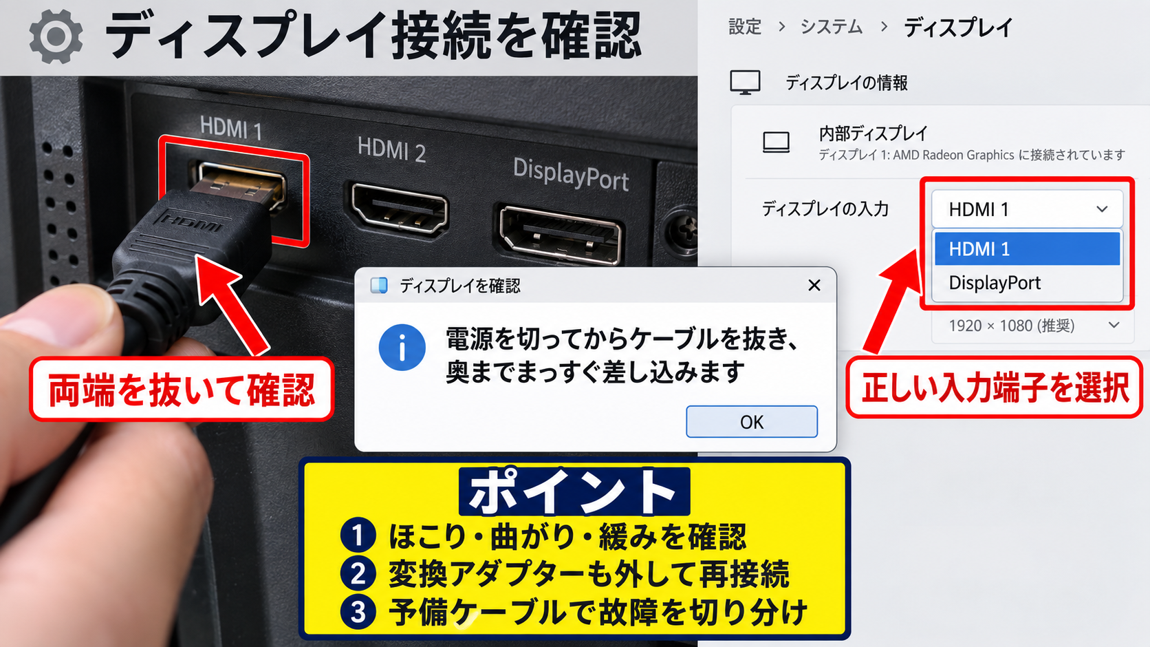 外部モニターと接続機器の確認 - HDMIとDisplayPortケーブルの差し直し