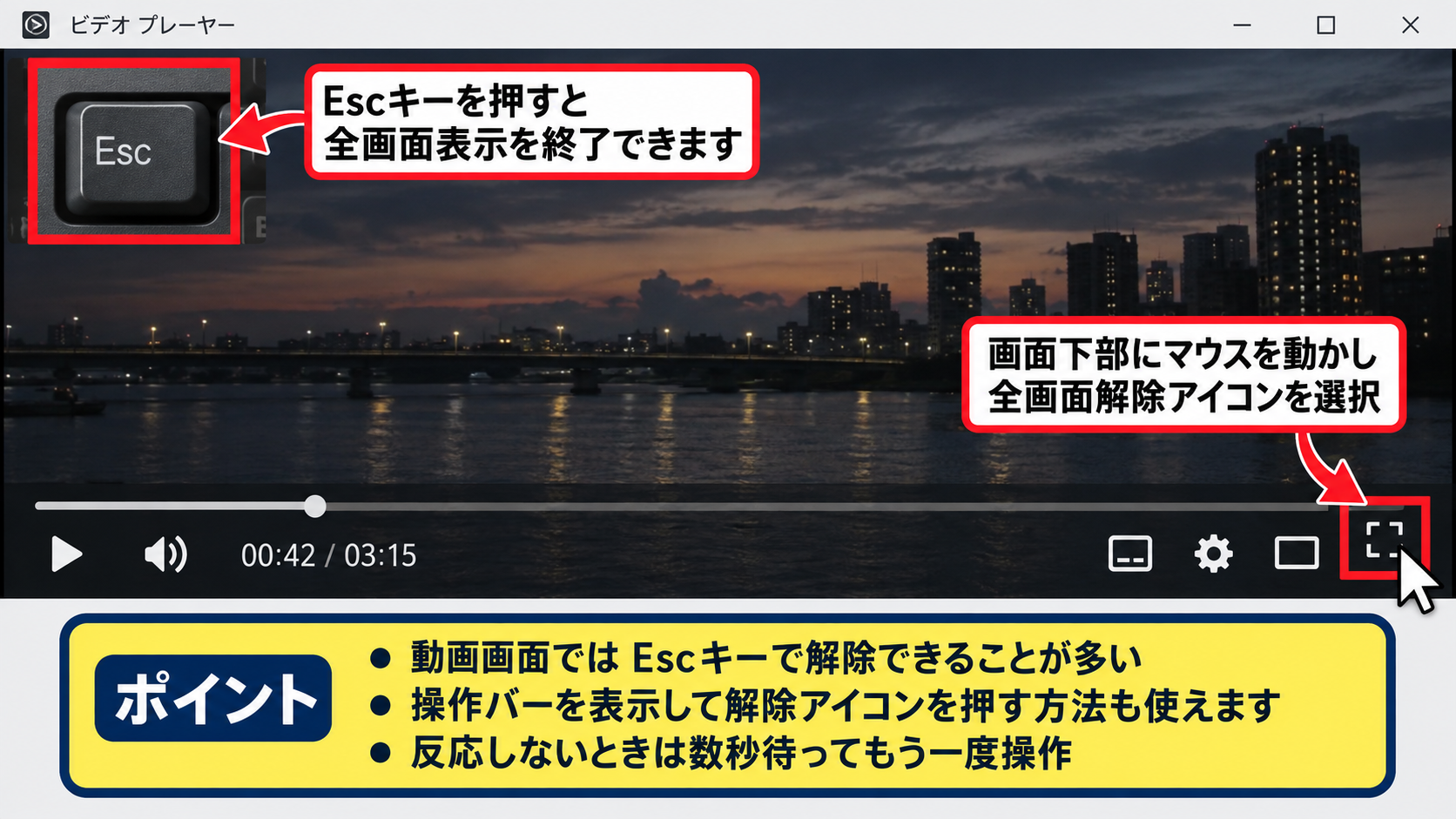 全画面表示を解除して元に戻す方法 - Escキーと画面内ボタンによる解除